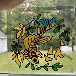 Handpainted Glass Suncatcher Panel Fish Ocean 8x8Hanging Art